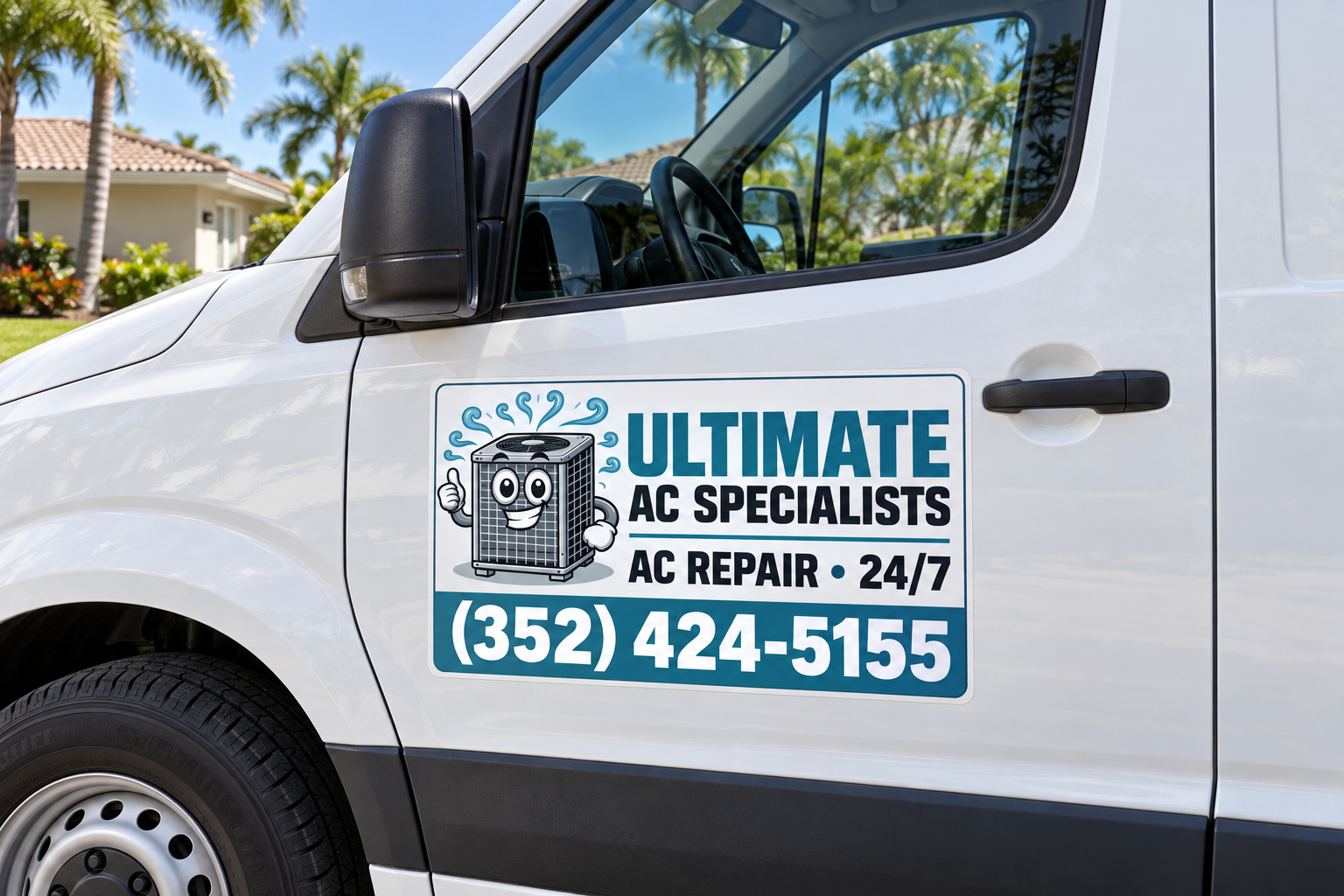 Preview of a white service van with Ultimate AC Specialists branding and the phone number (352) 424-5155.